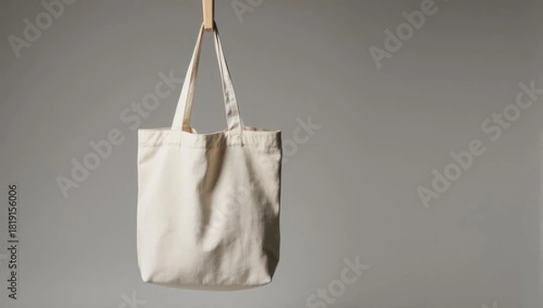 Obraz A canvas tote bag hangs from a wooden clip against a neutral gray backdrop