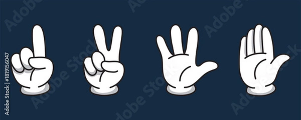 Fototapeta A set of cartoon white gloves. Retro icons of cute cursors in different poses. Vector isolated set of gesture illustrations.