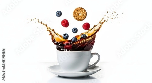 Fototapeta Dynamic Coffee Splash with Fresh Berries and Biscuit