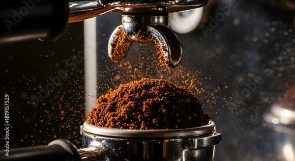 Fototapeta Rich Fresh Ground Coffee in Portafilter for Espresso