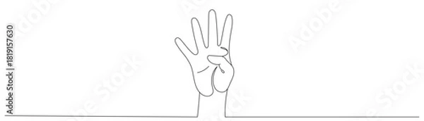 Fototapeta A single line drawing of a hand showing the number four. Four fingers. Editable line.