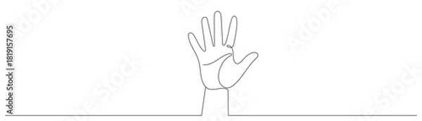 Fototapeta A single line drawing of a hand showing the number five. Five fingers. Editable line.