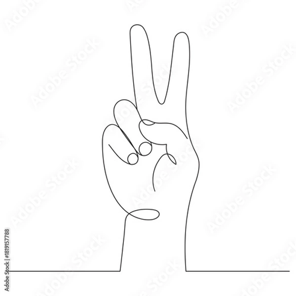 Fototapeta A hand gesture drawn in one line, a minimalist human hand gesture with two fingers raised upwards. Editable line