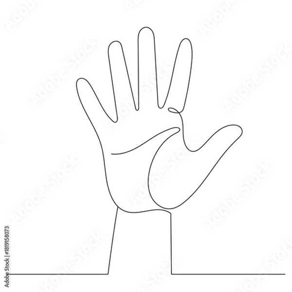 Fototapeta A single line drawing of a hand showing the number five. Five fingers. Editable line.