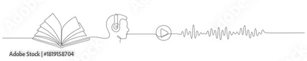 Fototapeta Continuous single-line drawing of an audiobook concept. An open book and a soundboard with a voice wave in a simple line style. Editable stroke. Vector illustration. Editable line
