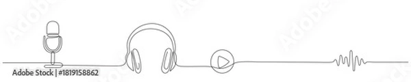 Fototapeta Continuous single-line drawing of an audiobook concept. An open book and a soundboard with a voice wave in a simple line style. Editable stroke. Vector illustration. Editable line