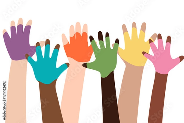 Fototapeta Diverse raised hands in vibrant colors. Symbol of unity, support, volunteering, equality and teamwork. Perfect for campaigns, education and social projects. Different  hands with rainbow pain on it