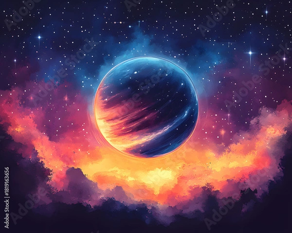 Fototapeta Celestial Planet's Ethereal Glow A Captivating Cosmic Artwork Amidst a Nebula of Colors