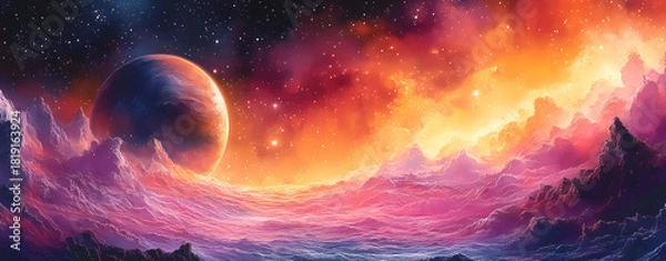 Obraz Cosmic Dreamscape A Majestic Watercolor Depiction of Planets and Nebula in Space