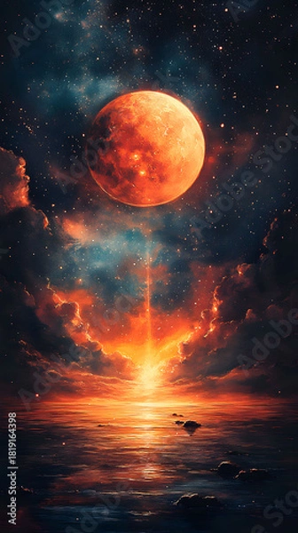 Fototapeta Celestial Majesty A Surreal Dreamscape of a Crimson Planet Rising Above a Fiery Horizon