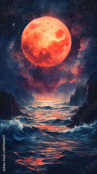 Fototapeta Dramatic Lunar Eclipse Over Ocean A Surreal Nightscape of Red Moon, Waves, and Clouds