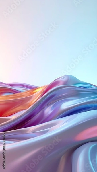 Fototapeta Abstract flowing iridescent liquid waves with subtle white dots and soft pastel gradient sky light