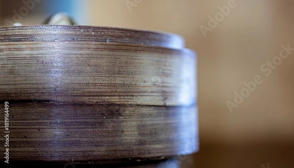 Fototapeta Close up of a textured wooden circular object with a glossy finish and shimmering particles against a softly blurred background