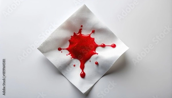 Fototapeta Bright Red Blood Drop Splattered On White Paper Towel With Textured Surface