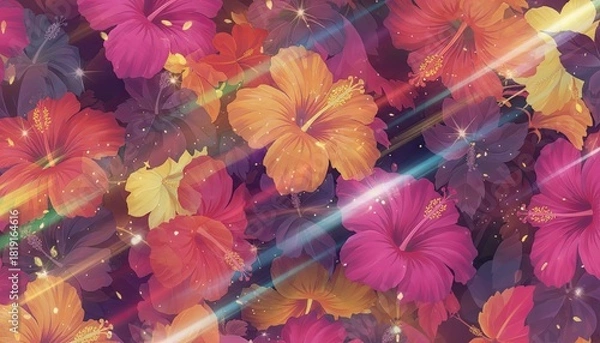 Fototapeta Vibrant Tropical Hibiscus Flowers in Various Shades of Pink Orange Yellow and Red with Diagonal Light Streaks and Glittering Sparkles on a Dark Background