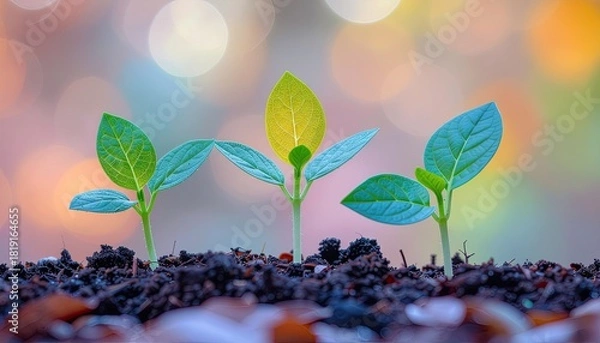Fototapeta Three young green plants growing from dark soil with one leaf covered in golden glitter and a soft bokeh background