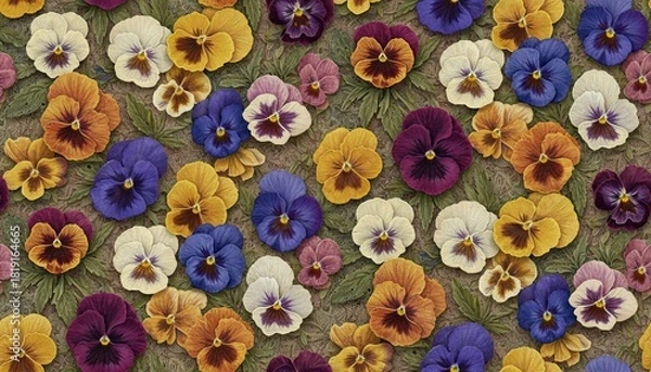 Fototapeta A Close-up Textured View of Assorted Colorful Pansies With Dark Centers Scattered Across a Brown and Green Textured Background