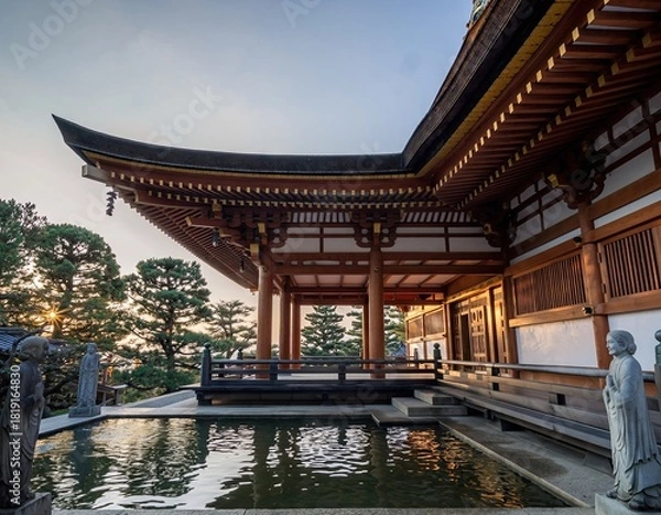 Fototapeta Historic Japanese Temple Architecture at Golden Hour with Reflective Water Garden and Pine Trees