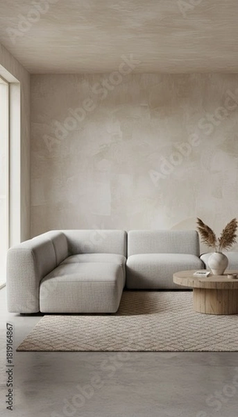 Fototapeta Cozy Living Room with Textured Walls and a Light Gray Sectional Sofa on a Jute Rug illuminated by Soft Natural Light