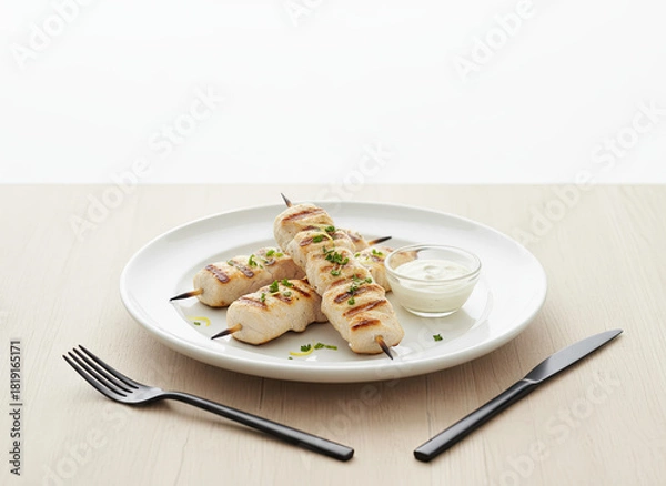 Fototapeta Grilled Chicken Skewers with Creamy Dip Served on a White Plate with Black Utensils on a Light Wood Table