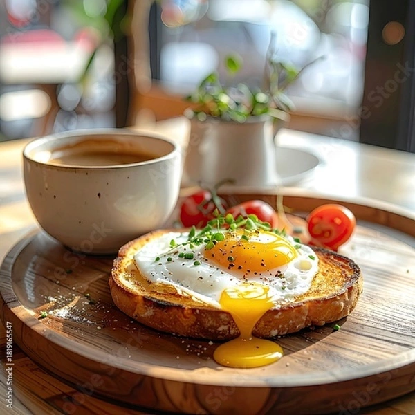 Fototapeta Breakfast Still Life with Fried Egg on Toast Served with Coffee and Cherry Tomatoes