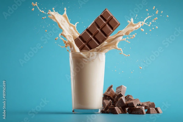 Obraz A whole chocolate bar falls into a glass of delicious milk creating an exciting splash with many drops flying through the air next to broken chocolate pieces on a vibrant blue background
