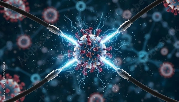 Obraz Biotechnology scene showing biohack with glowing hoses emitting electric blue light against a virus