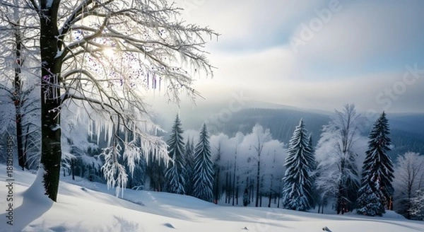 Obraz Snowy forest landscape shows trees covered with ice under bright cloudy sky