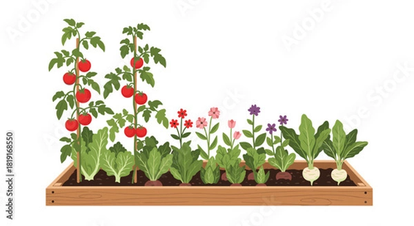 Fototapeta A colorful raised garden bed filled with various vegetables and flowers, including tomatoes, lettuce, and turnips.