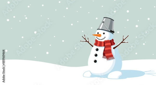 Obraz A cheerful snowman wearing a red scarf and bucket hat stands in a snowy landscape as snowflakes fall.
