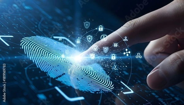 Obraz Finger interacting with a blue biometric security hologram on a dark blue and black background