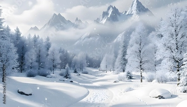 Obraz Snow covered mountains showing serene winter scenery with winding forest pathway below