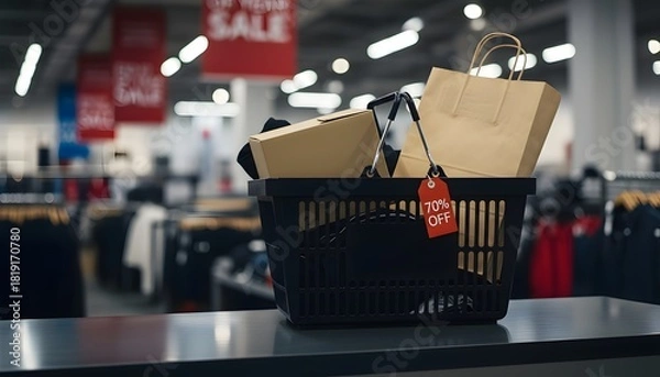Obraz Shopping cart holding boxes and bags arranged in a lively discount outlet mall scene