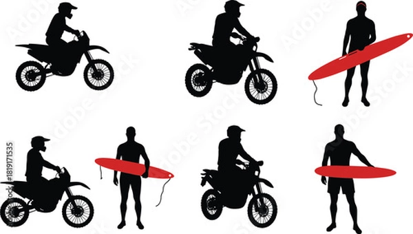 Obraz Set of motorcycle rider and surfer silhouette illustrations showing extreme sport activities with dirt bikes and surfboards, isolated black and red vector graphics