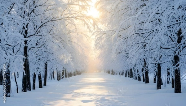 Obraz Fresh snow covering trees in winter grove with sunlight sparkling on white snowy landscape