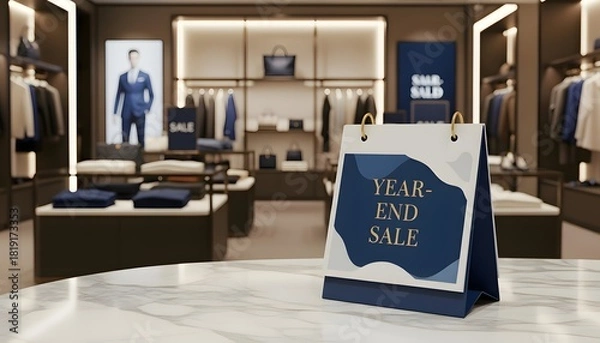 Obraz Year end sale banner displayed on a marble table in an outlet room with a promotional discount