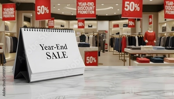 Obraz Promotional year end sale banner placed on marble table in retail outlet setting