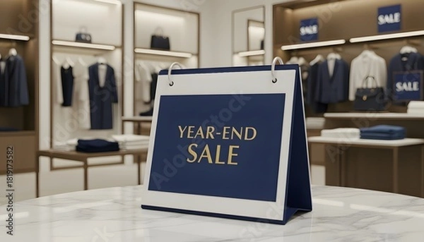 Obraz Marble table in outlet room holding year end sale banner with visible discount promotion