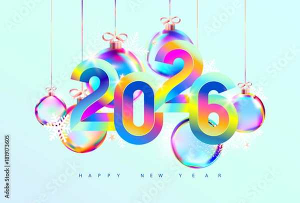 Fototapeta New year 2026.  Christmas decoration with iridescent calendar date. Festive greeting card design.