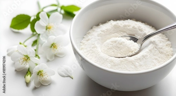 Obraz Close up photo featuring a bowl of white powder with a spoon and flowers on a white surface
