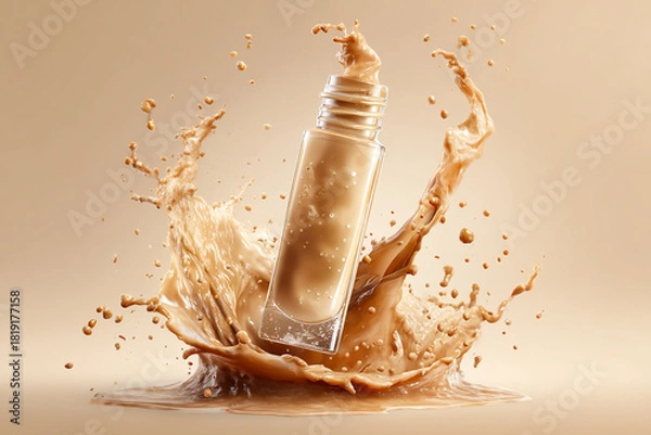 Obraz A clear bottle of liquid foundation surrounded by an artistic splash of beige cosmetic liquid on a soft neutral background showcasing beauty product dynamism