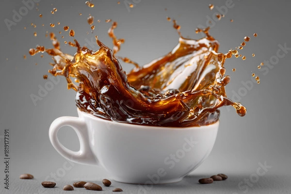 Fototapeta Dynamic coffee splash from a white ceramic cup with scattered beans on a gray background