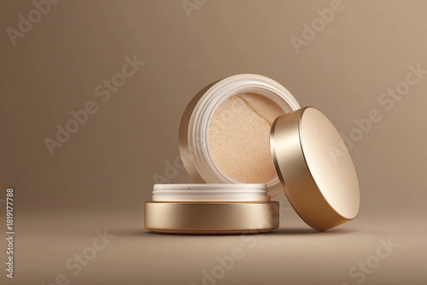 Fototapeta Two elegant golden cosmetic jars one open revealing a beige powder inside on a soft neutral background for beauty product display