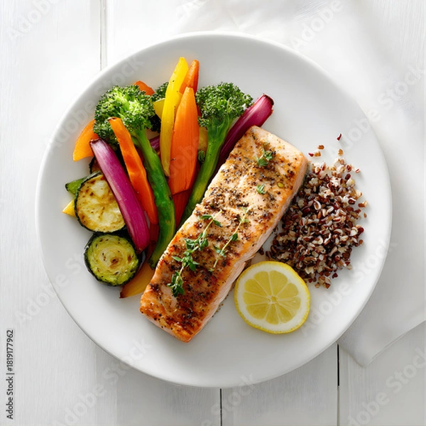 Obraz Grilled Salmon Fillet Served with Roasted Vegetables, Quinoa, and Fresh Lemon 