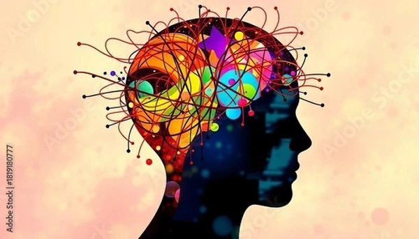 Obraz Abstract head silhouette with chaotic lines representing ADHD,  concentration,  psychology