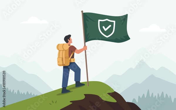 Obraz Hiker on a mountain peak planting a flag