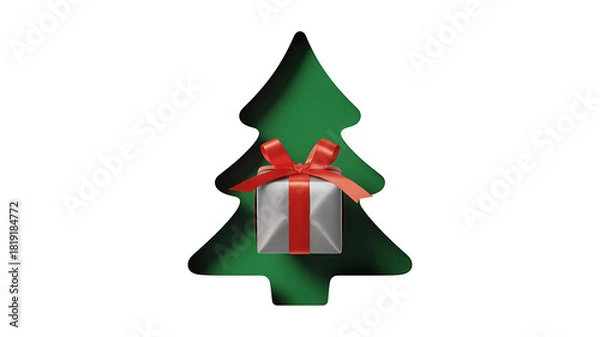 Fototapeta White paper cut into the shape of a green Christmas tree, filled with gifts wrapped in money and red ribbons, reminiscent of the season of gift-giving and New Year celebrations.