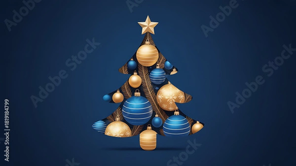 Obraz A cut-out Christmas tree decorated with blue and gold ornaments on a dark blue background conveys a festive mood, celebration and holiday wishes for Christmas and New Year.