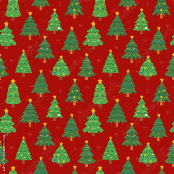 Fototapeta Seamless pattern with Christmas trees decorated with Christmas toys and garlands on a red background. New Year and Christmas illustrations.