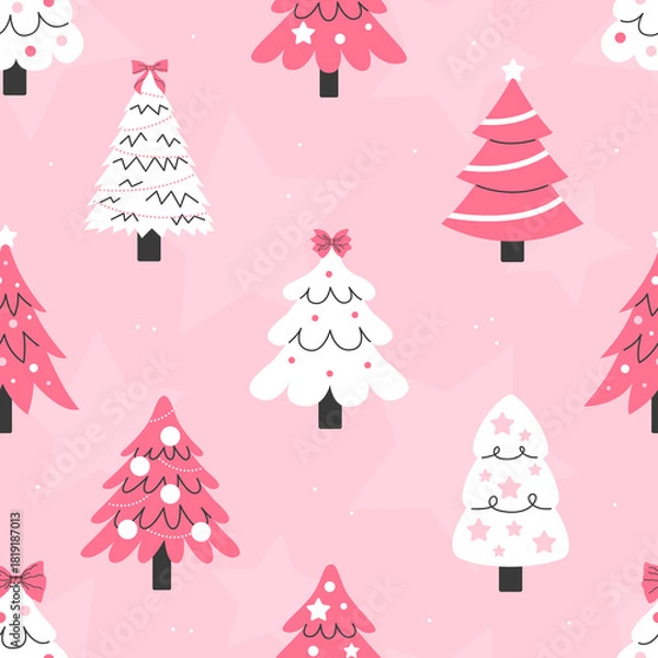 Fototapeta Seamless pattern with Christmas trees decorated with Christmas toys and garlands on a pink background. New Year and Christmas illustrations.